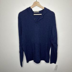 New NWT Mens Raffi Hooded Henley Blue Cableknit Wool Sweater Size Large